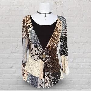 animal print patchwork long sleeve top with beaded and shell details